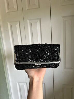 Black Beaded Evening Clutch with Silver Frame